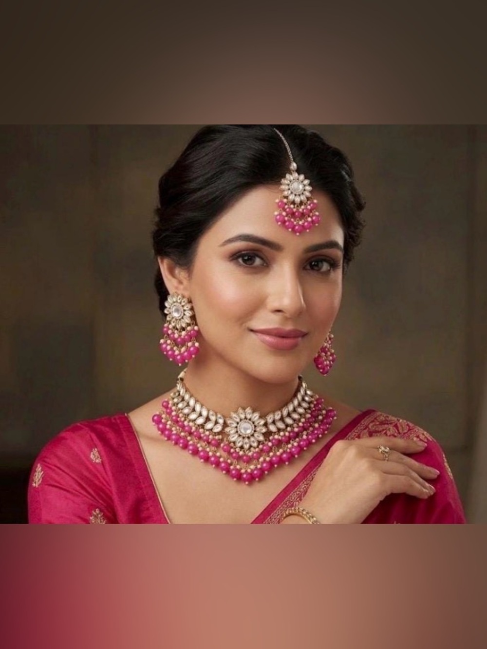 Traditional Pink Tikka, Earrings, and Necklace Kundan Set
